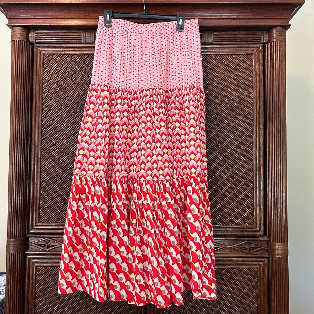 Pink and Red Patterned Maxi Skirt by Ro's Garden.